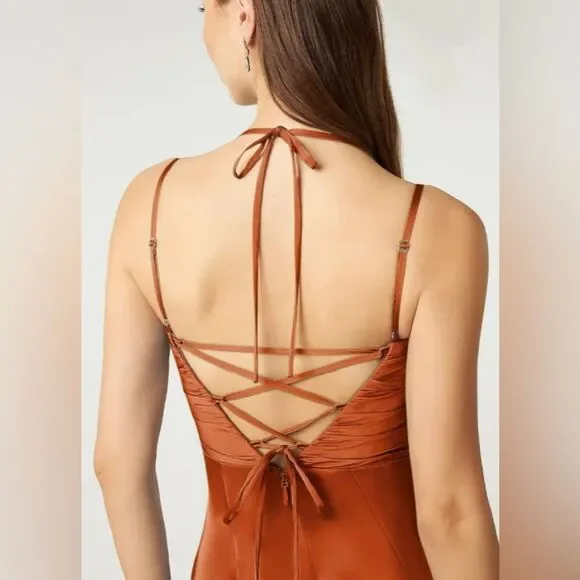AZAZIE Desi Sheath Halter Corset Stretch Satin Dress Orange Size 12 NWT - Picture 2 of 11